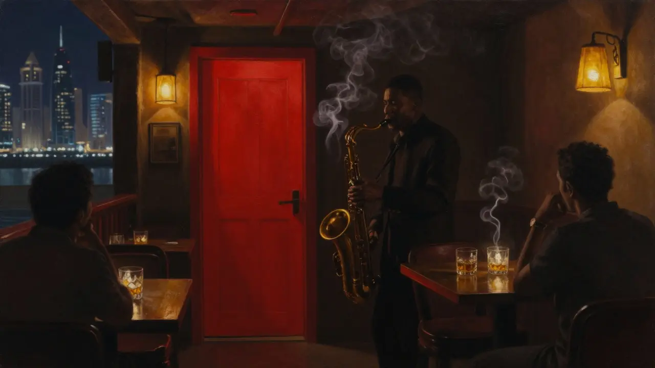 A hidden jazz bar with a red door, a saxophonist playing in dim light, no phones allowed, quiet and intimate.