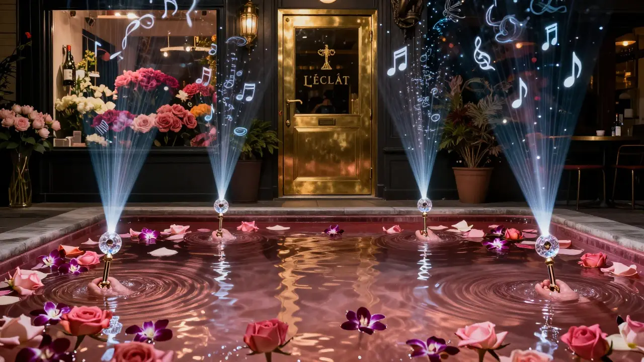 A hidden underground club with a rose wine pool, floating orchids, and personalized light beams emanating from crystal keys held by guests.