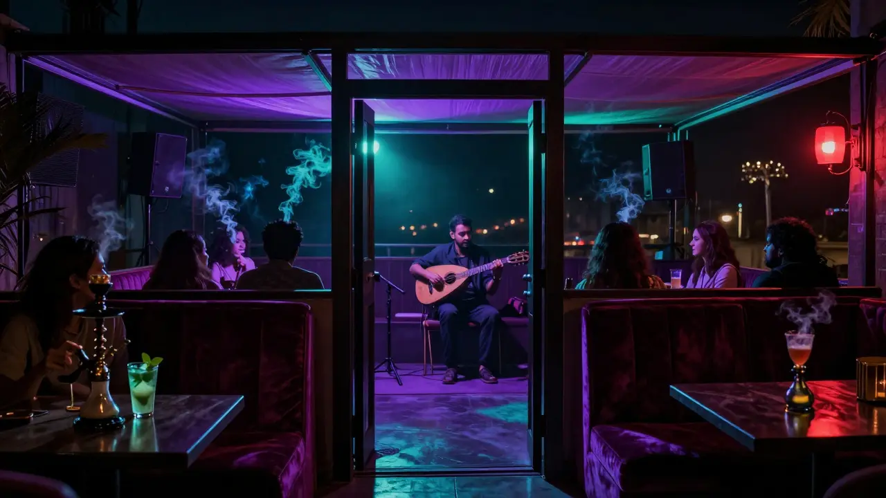 A hidden underground venue with live oud music, shisha, and glowing purple lights at night.
