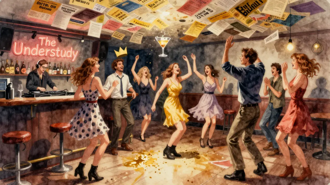 A lively theatre afterparty where people in formal wear and work boots dance amid walls covered in vintage playbills.