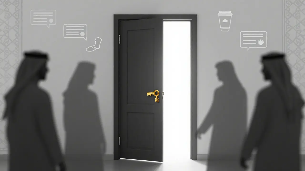 A locked door with a golden key above it, surrounded by cultural and digital symbols representing choices in companionship.