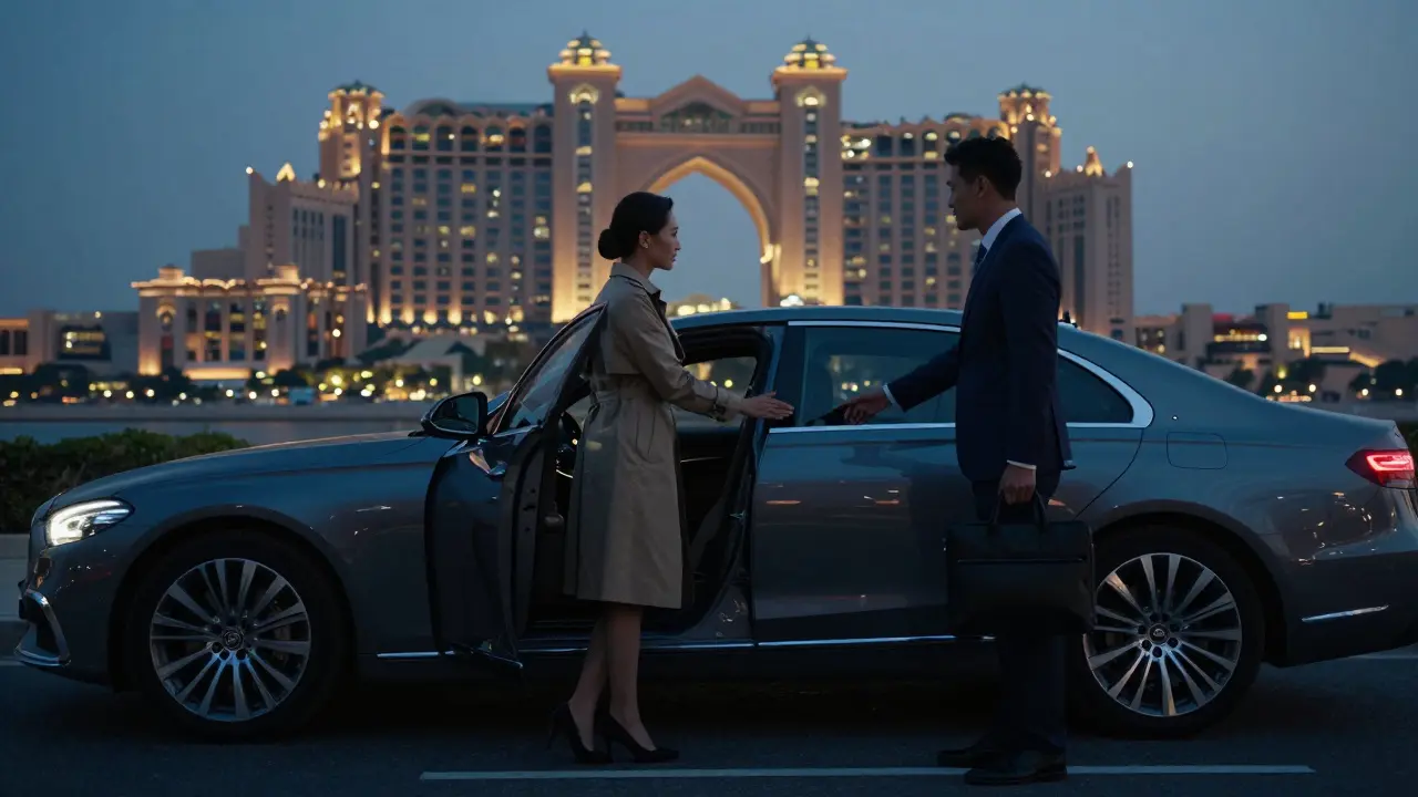 A luxury car at the Emirates Palace at dusk, a companion assisting a client with quiet professionalism, emphasizing privacy.
