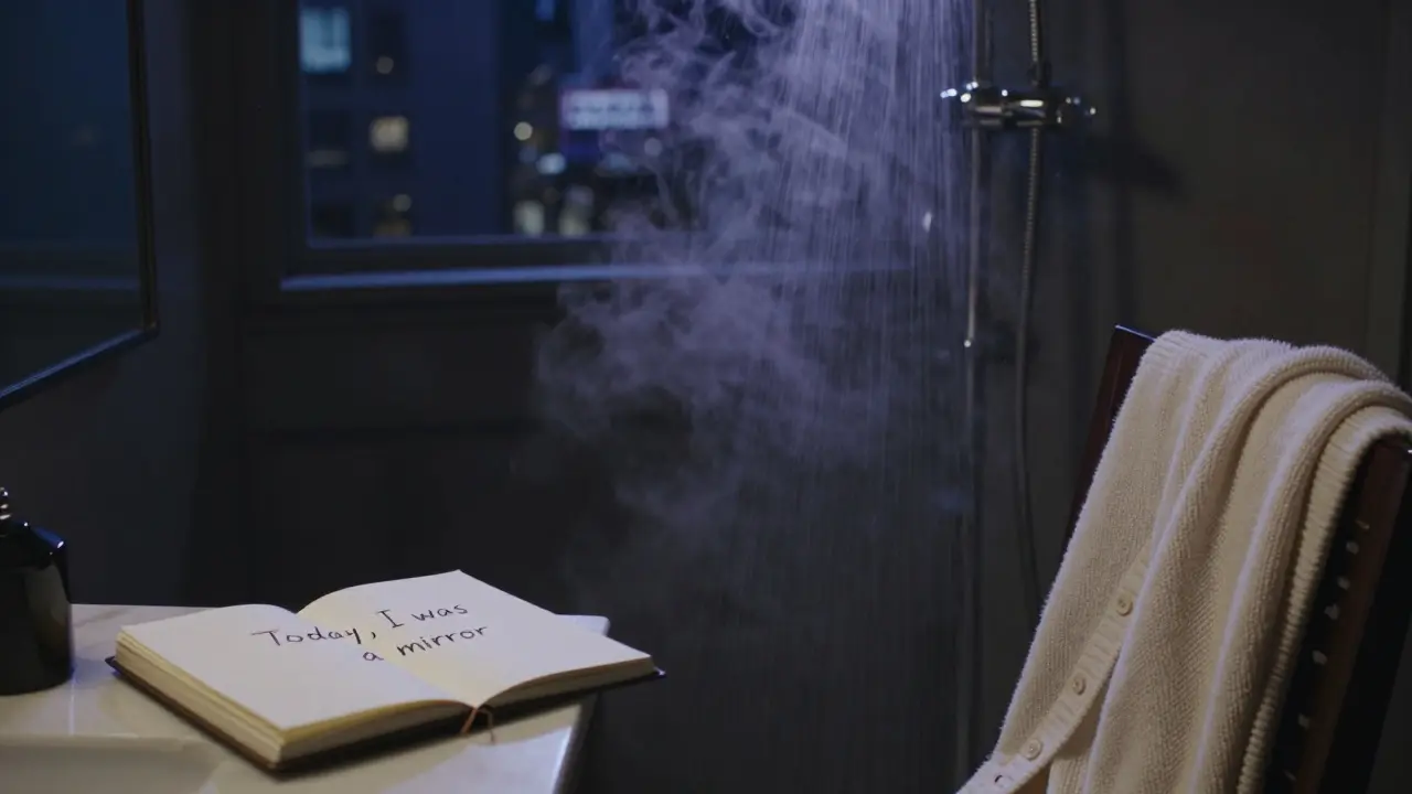 A luxury escort at dawn, writing in a notebook after a long night, lavender steam rising from her shower, the city asleep outside.