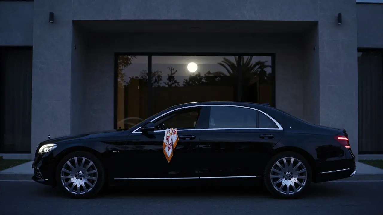 A luxury sedan parked discreetly outside a secluded villa in Emirates Hills, windows tinted, no visible staff.
