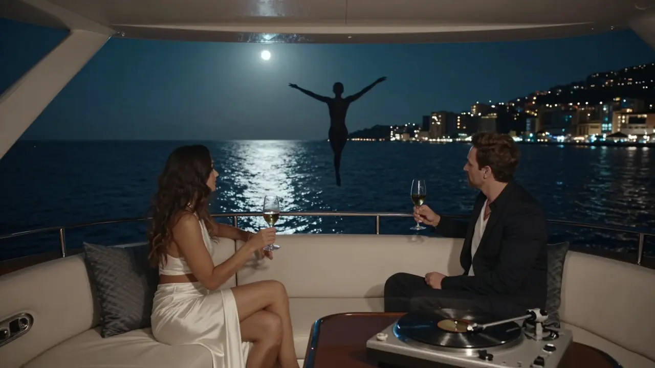 A luxury yacht glides under starlight, with guests sipping champagne and a dancer silhouetted above the water.