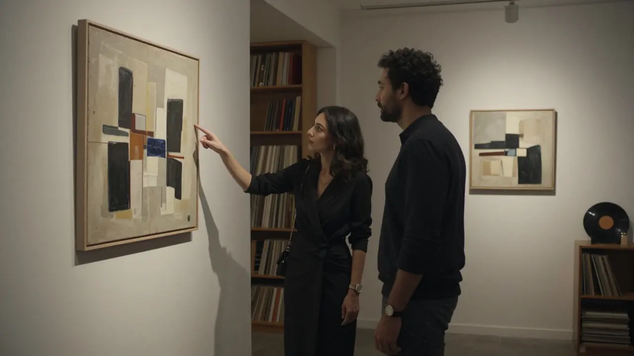 A man and woman viewing contemporary art in a quiet gallery after hours, soft lighting highlighting the paintings.