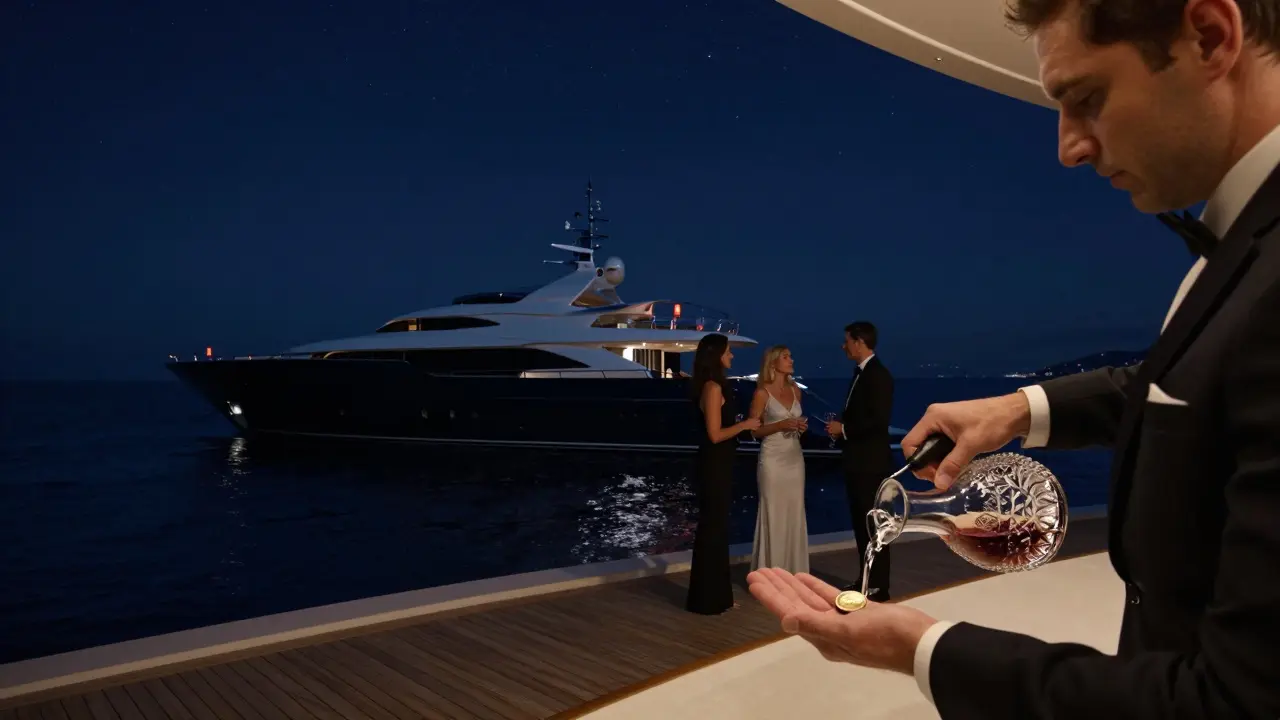A mysterious superyacht at night with a single red lantern, guests in formal attire standing quietly under stars, a gold coin in a hand.