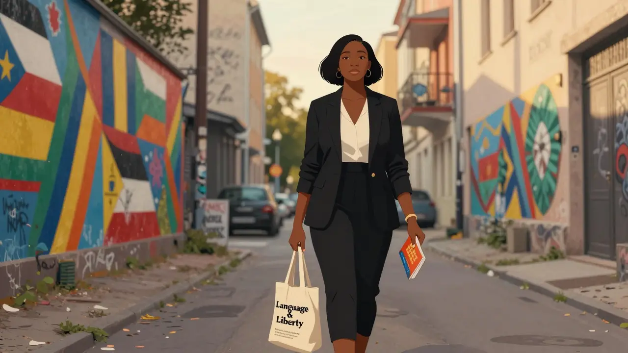 A Nigerian woman walking through Kreuzberg’s colorful street art, confident and calm.