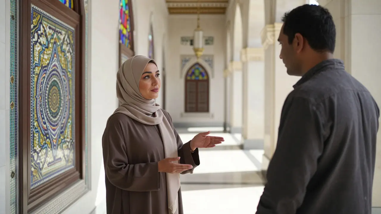 A professional companion guiding a client through the Sheikh Zayed Grand Mosque, showing cultural respect and quiet expertise.