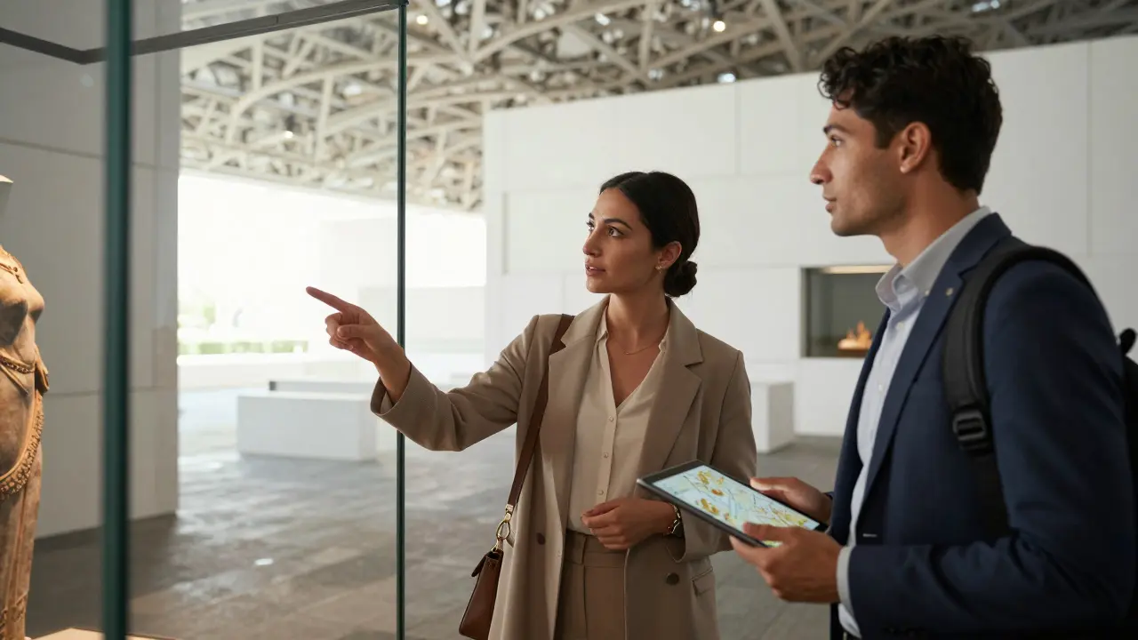 A professional companion guiding a traveler through an exhibit at the Louvre Abu Dhabi.