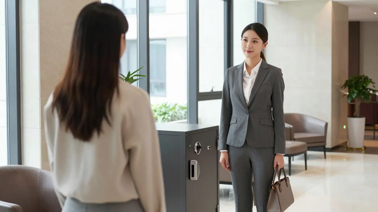 A professional meeting in a luxury hotel lobby, with mutual respect and calm atmosphere between two individuals.