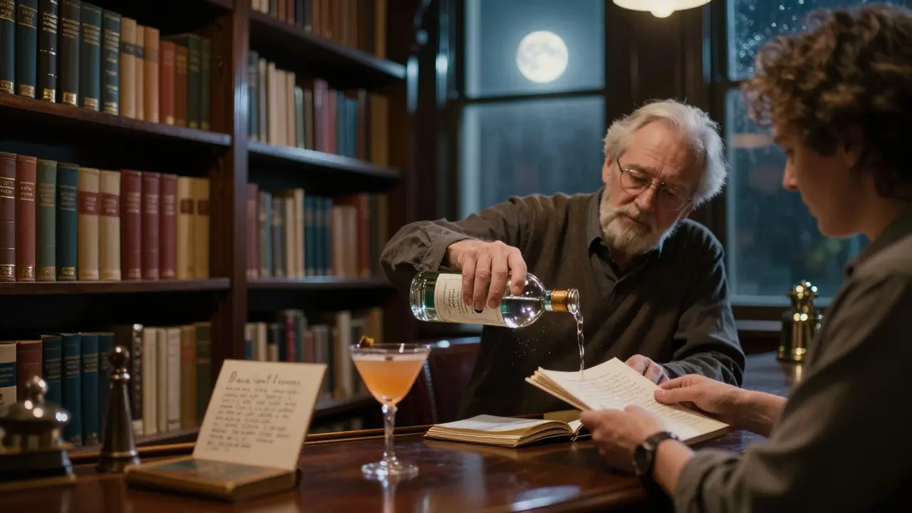 A quiet library bar with bookshelves and a bartender pouring gin by moonlight.