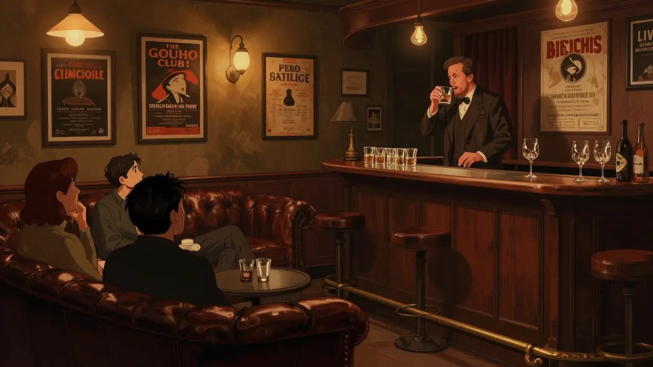 A quiet moment inside The Groucho Club with a stage manager sharing stories over whiskey in dim, cozy lighting.