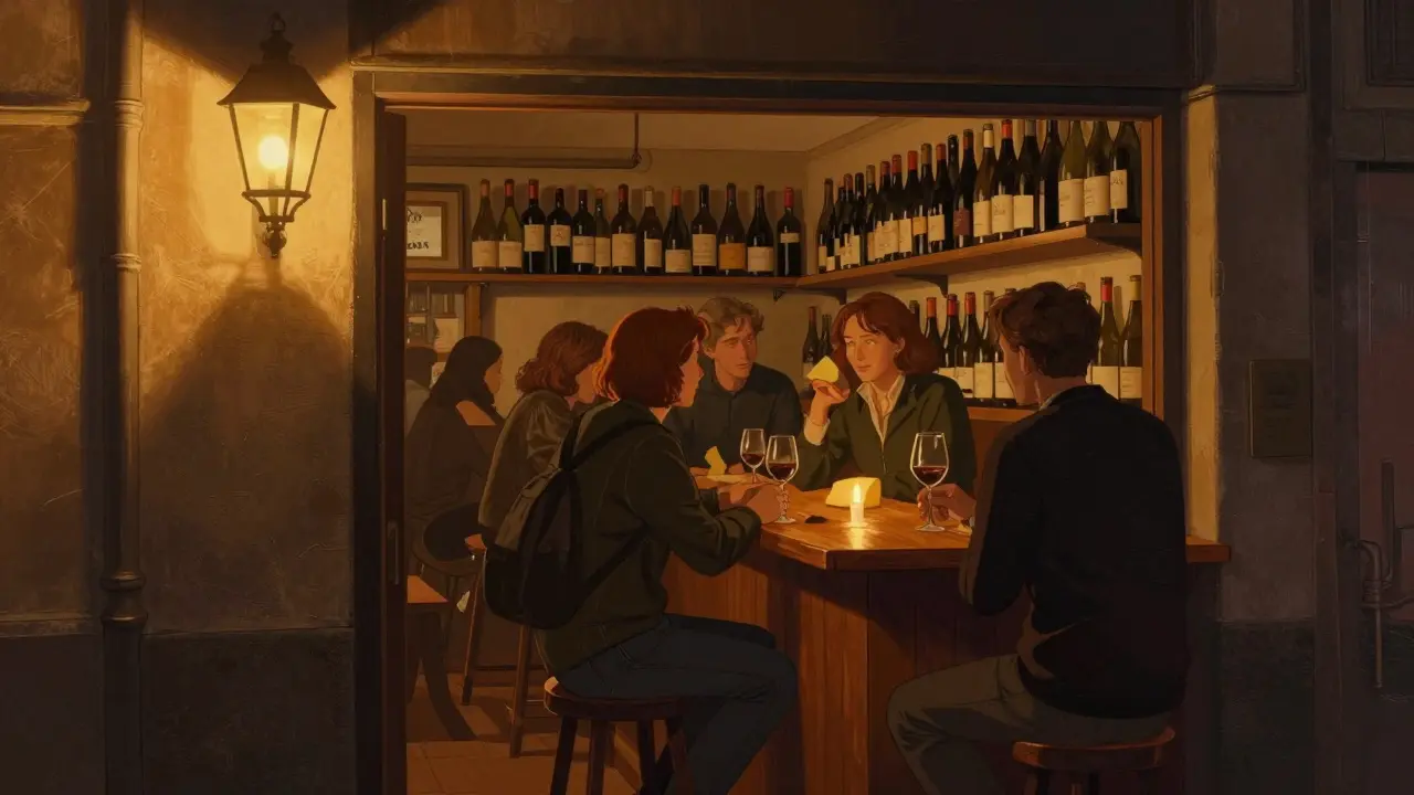 A quiet wine bar in a hidden alley with locals sipping Beaujolais and sharing cheese.
