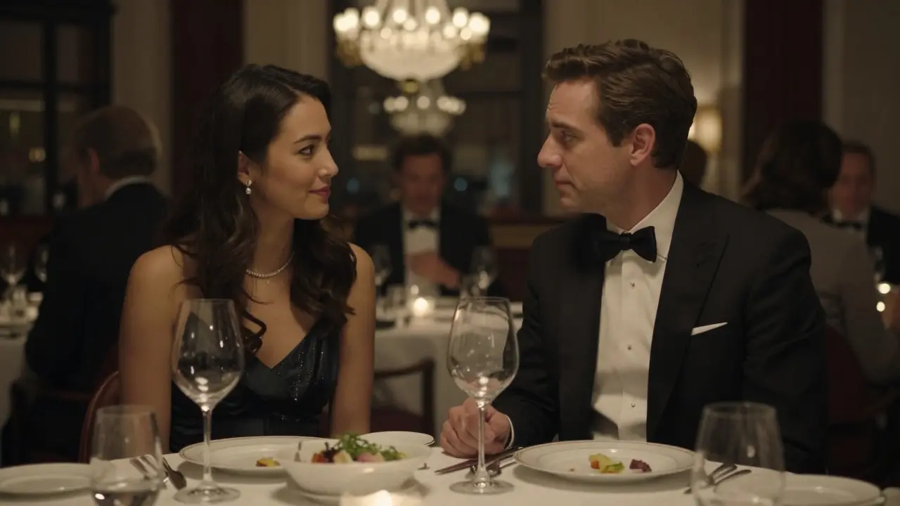 A refined couple enjoying a quiet dinner at a high-end London restaurant.