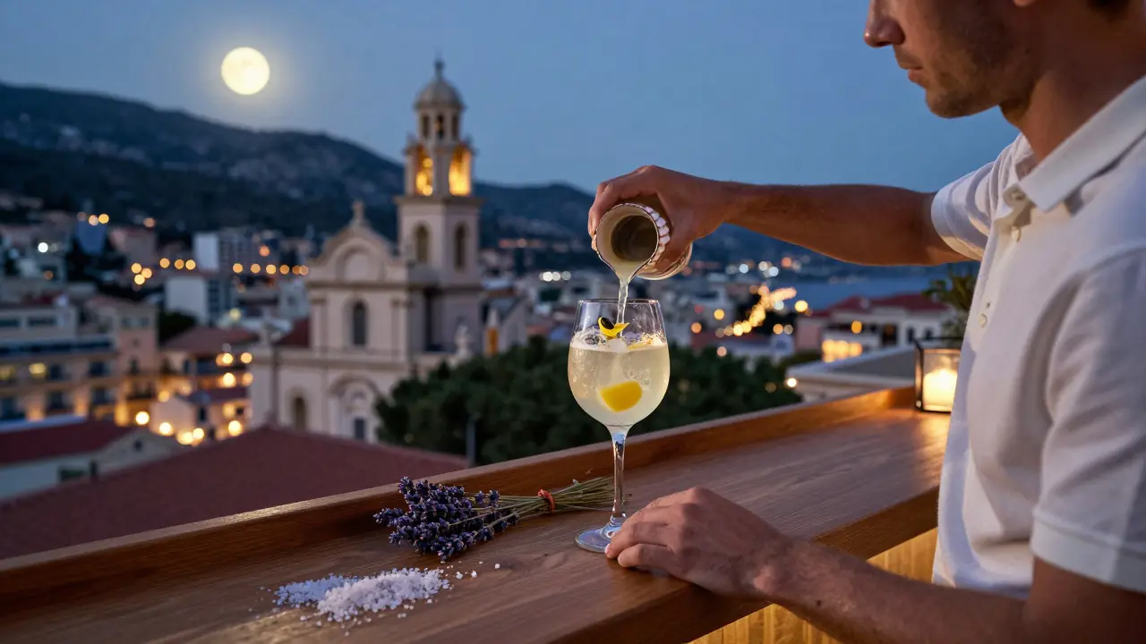 A rooftop bar on an ancient chapel serving cocktails in hand-blown seashell glasses under moonlight.