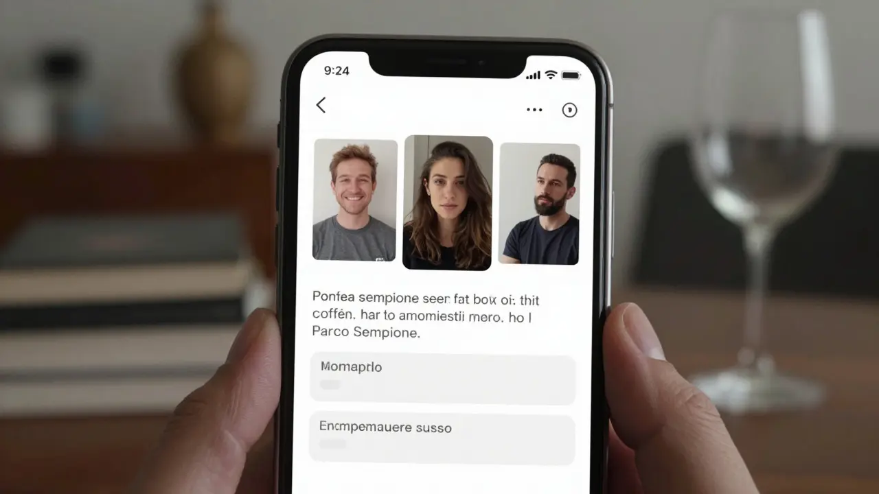 A smartphone screen showing a minimalist escort profile with unfiltered photos and encrypted messages.