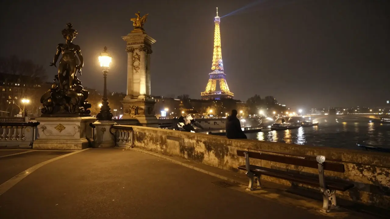 A solitary figure on Pont Alexandre III at midnight, watching the Eiffel Tower sparkle over the Seine.