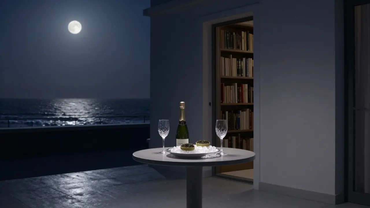 A solitary table with champagne and caviar on a moonlit rooftop terrace, hidden behind a bookshelf, in serene silence.
