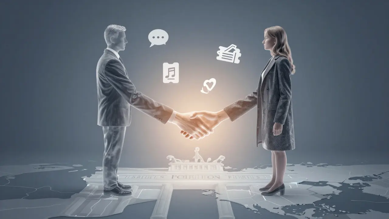 A symbolic handshake above Berlin map, icons of conversation and connection floating nearby.