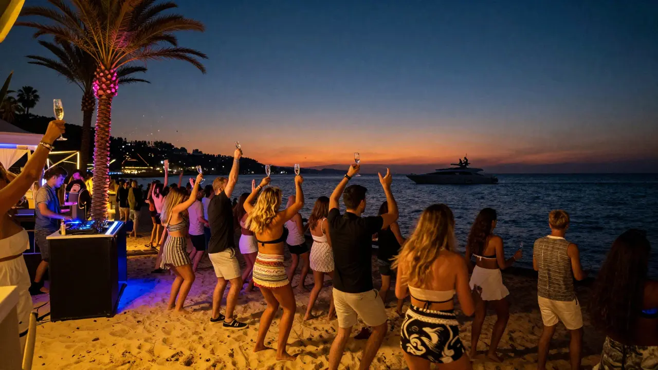 A vibrant beach club at sunset with people dancing on sand under neon palm trees, champagne flutes raised, and yachts in the distance.