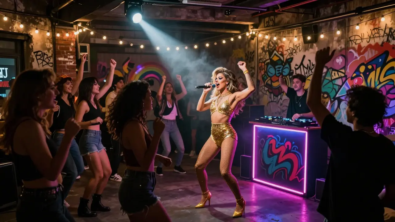 A vibrant underground queer party in Belleville with dancers, a drag performer on stage, and neon lights illuminating a warehouse crowd.