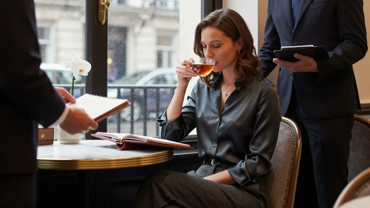 A well-dressed companion in a café in Belgravia, reviewing her schedule with a quiet assistant, a white orchid beside her.