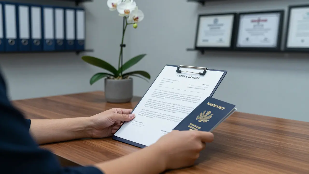 A woman's hands holding a signed agreement and passport in a discreet, professional escort agency office.