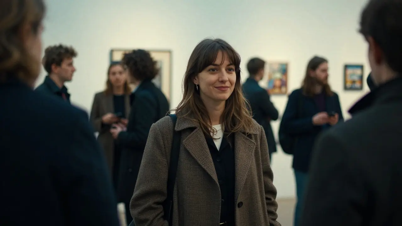 A woman at a Berlin gallery opening, calm and unassuming, standing apart in quiet authenticity.