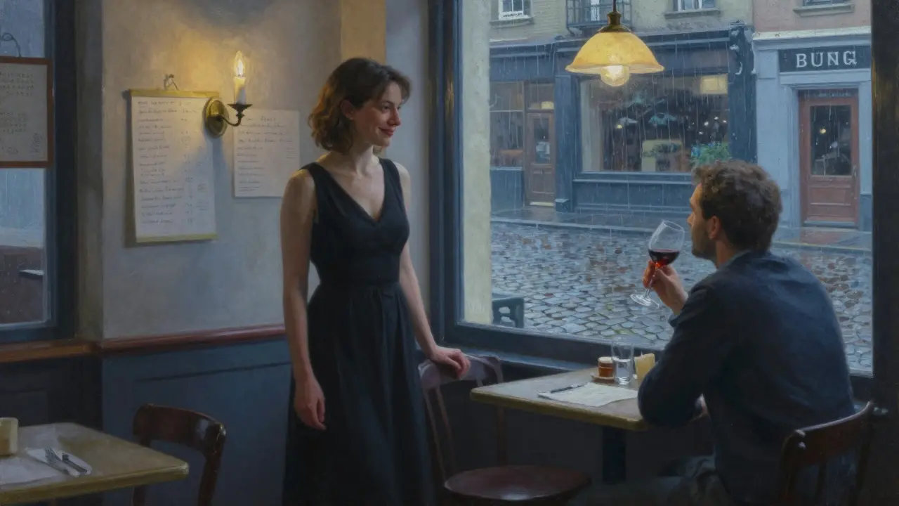 A woman smiles gently from a bistro window as a man across the room listens to the night, candlelight casting warm shadows.