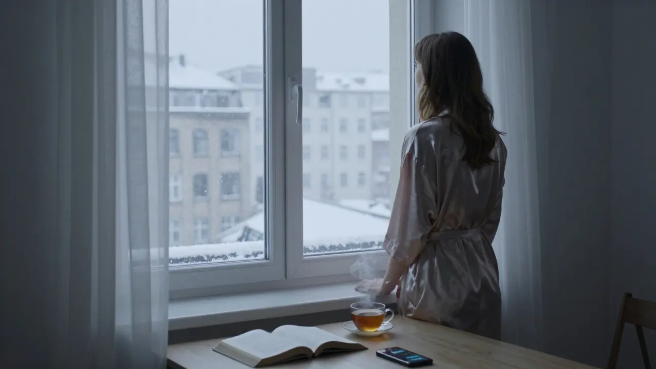 A woman watching snow fall from a Berlin apartment window, tea and a philosophy book on the table beside her.