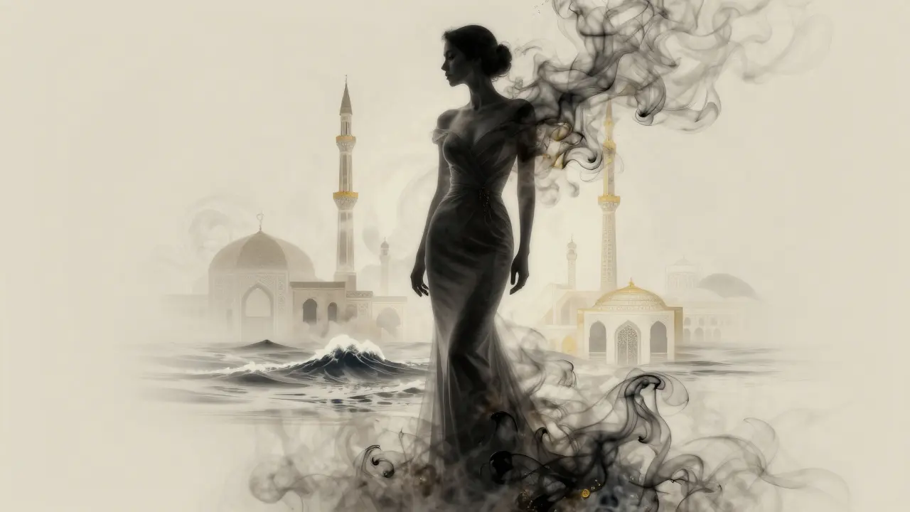 An elegant silhouette dissolving into abstract ink patterns of Arabic architecture and ocean waves, evoking silence and mystery.