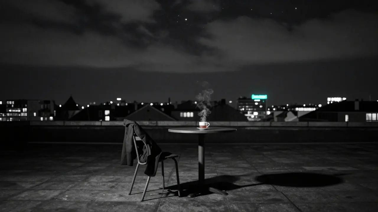 An empty rooftop at night in Mitte, with a cooling cup of tea and a folded coat, evoking quiet human connection.