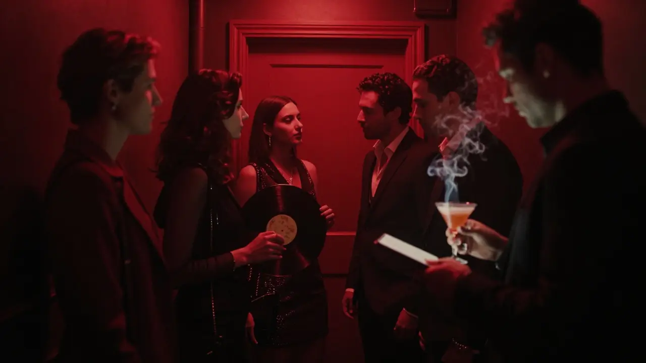 An exclusive underground nightclub entrance in Jumeirah with a dimly lit door and a small group of people whispering near it.