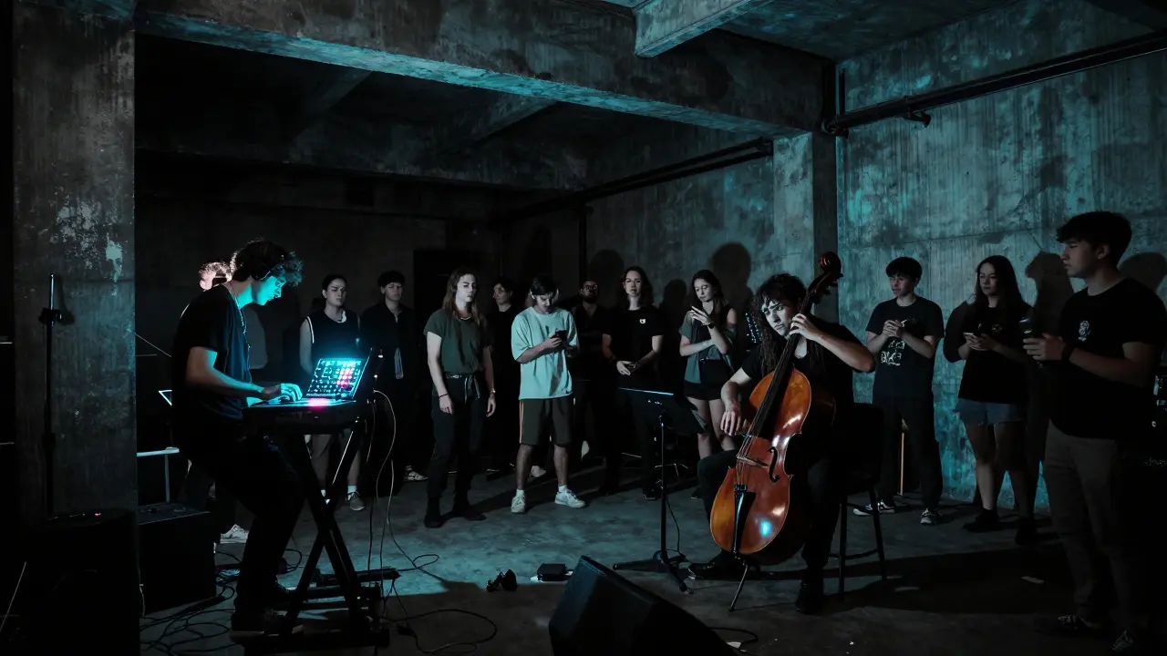 An experimental band performs in a raw concrete warehouse with glowing synths and a captivated audience under industrial lighting.
