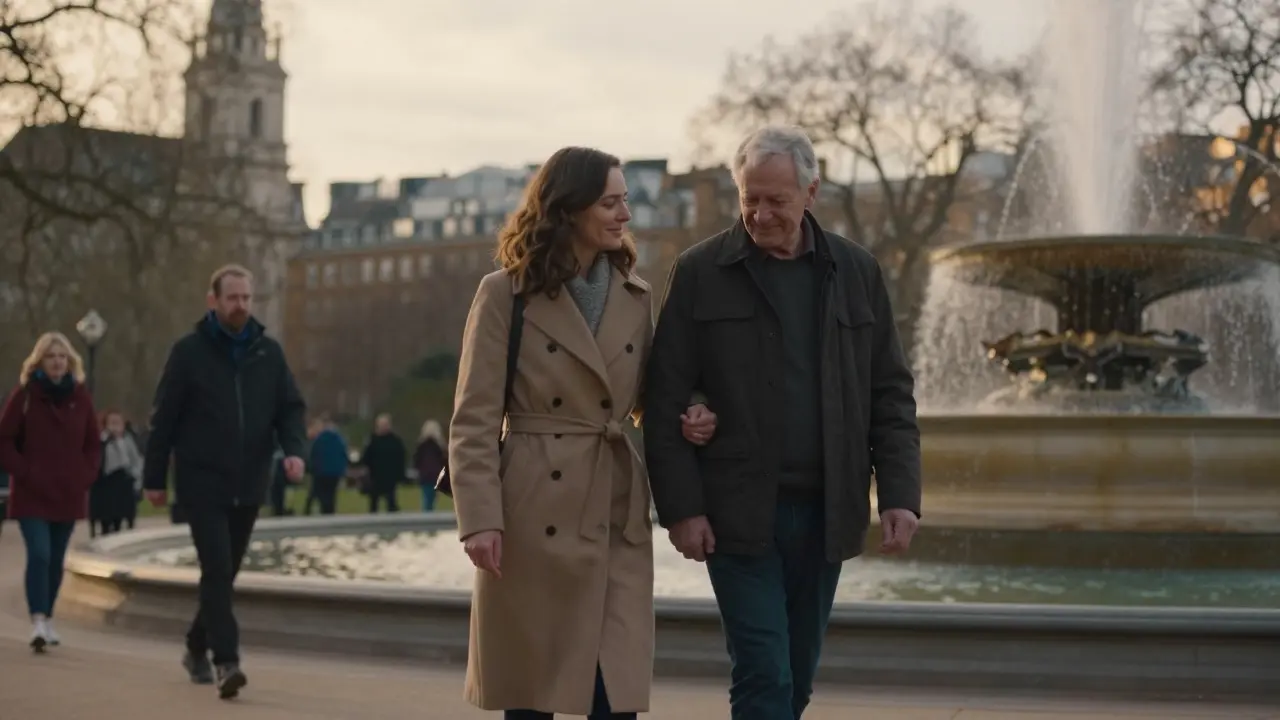 An older man and woman walking hand in hand through a London park at sunset, embodying quiet companionship.