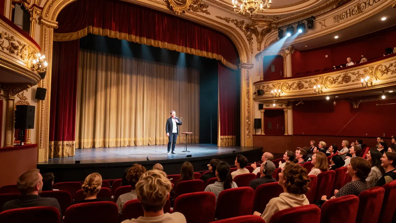 Audience laughing in a grand historic theater as a famous comic performs on stage.