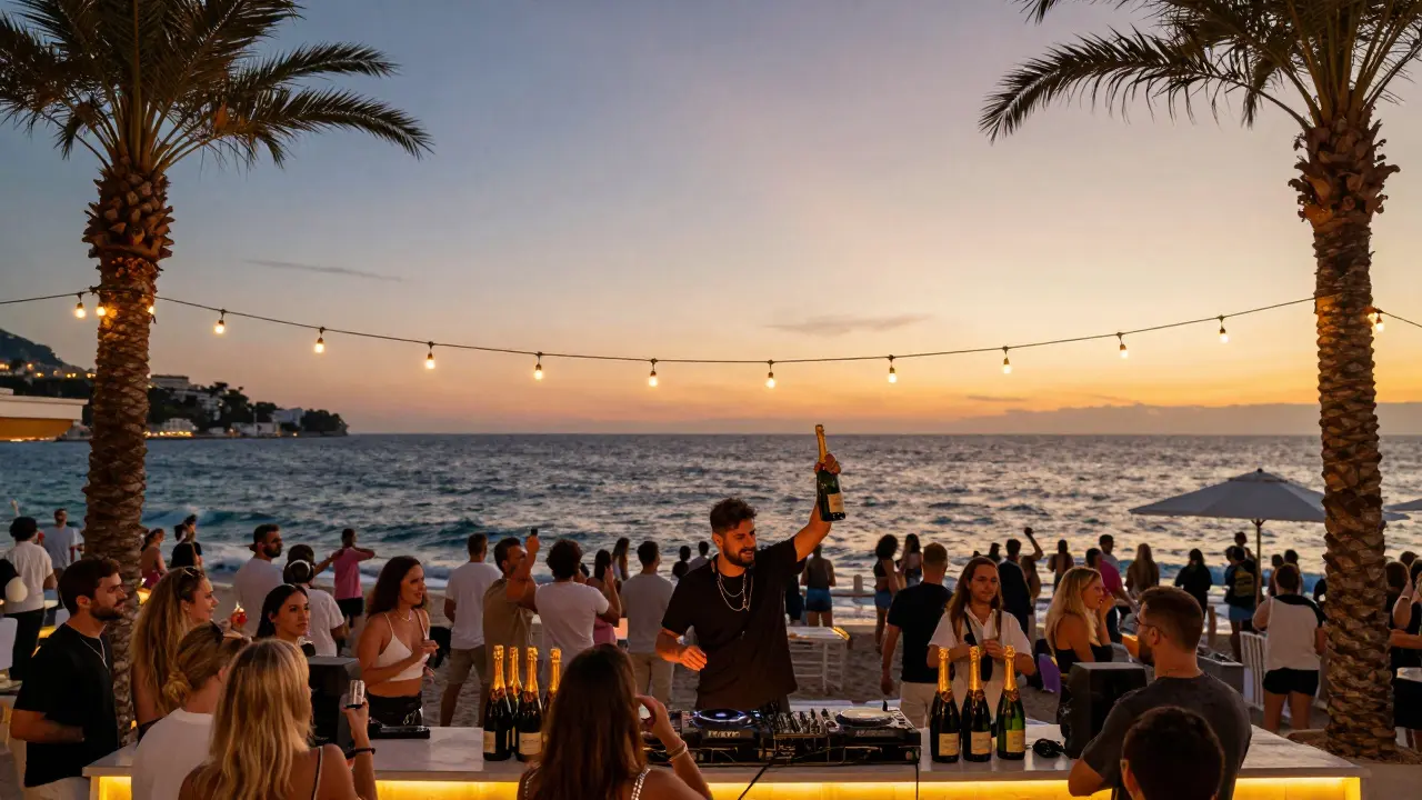 Beachfront crowd dancing at sunset with DJ and champagne service under string lights.