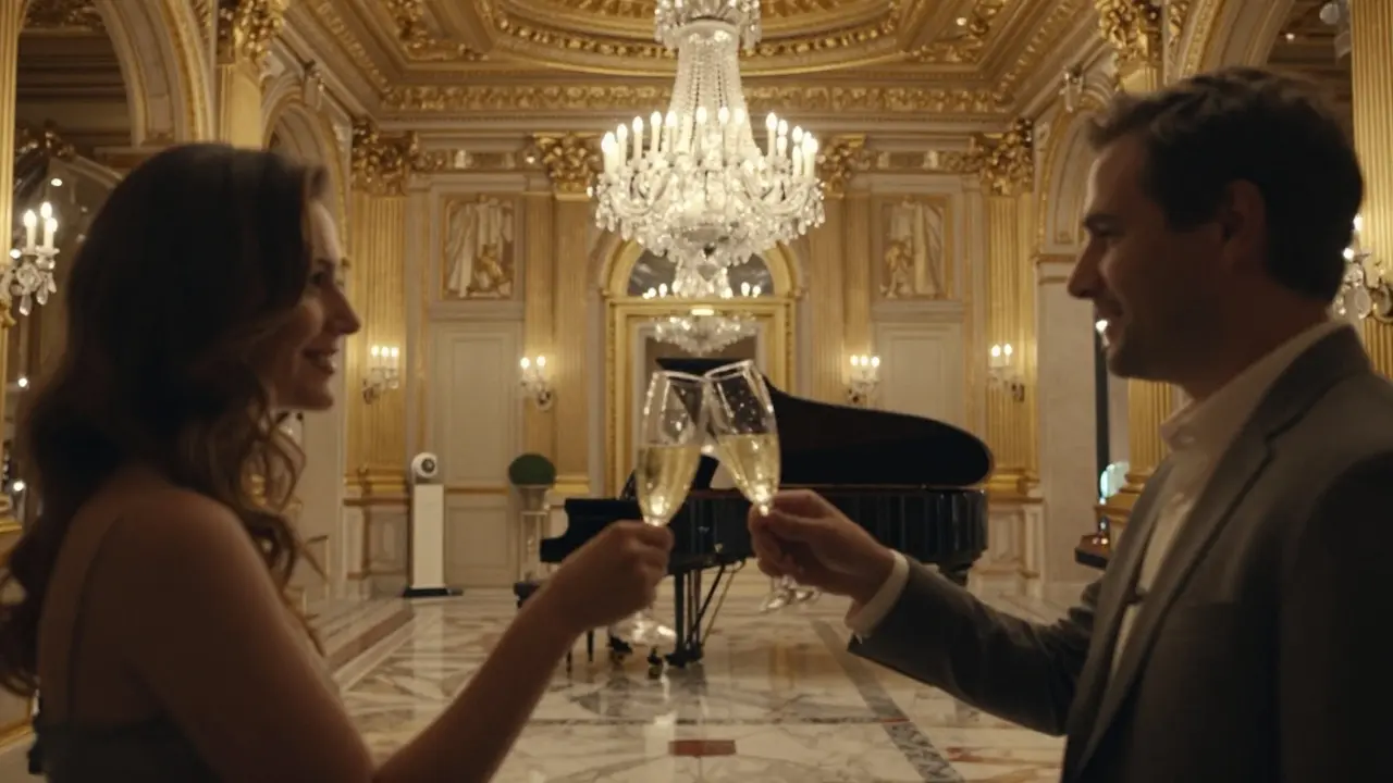 Couple clinking champagne in Bar de la Rotonde's gilded lounge.