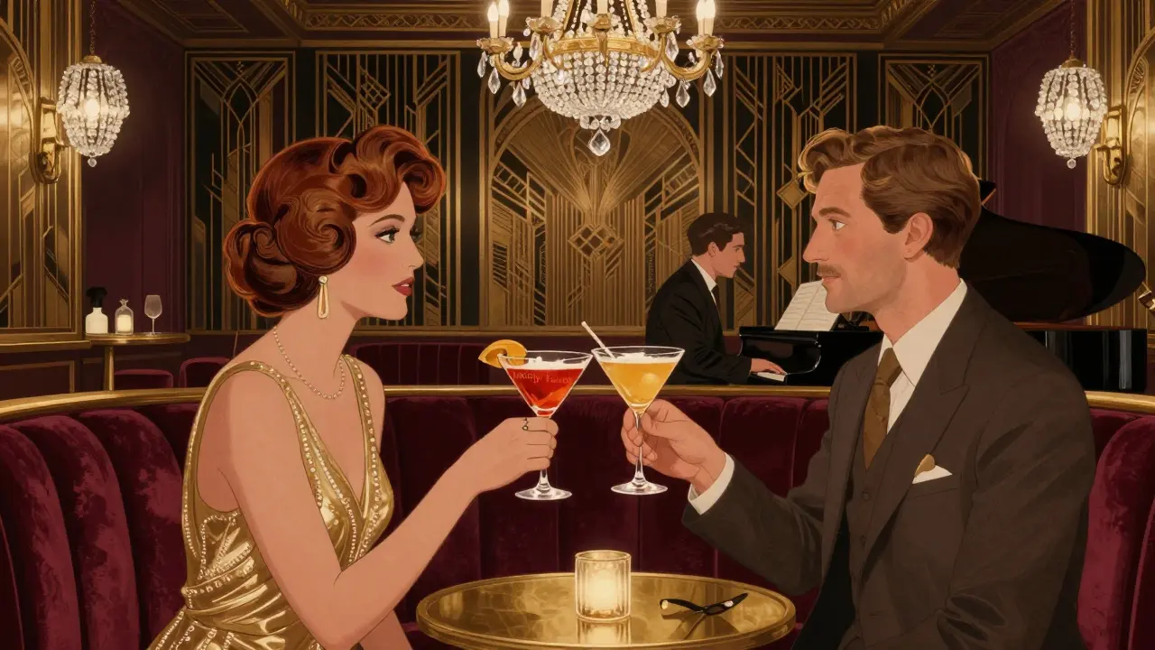 Couple toasting Princely Punch in Art Deco bar.