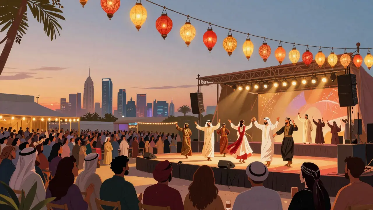 Crowd at Abu Dhabi Festival with traditional dancers under colorful lanterns