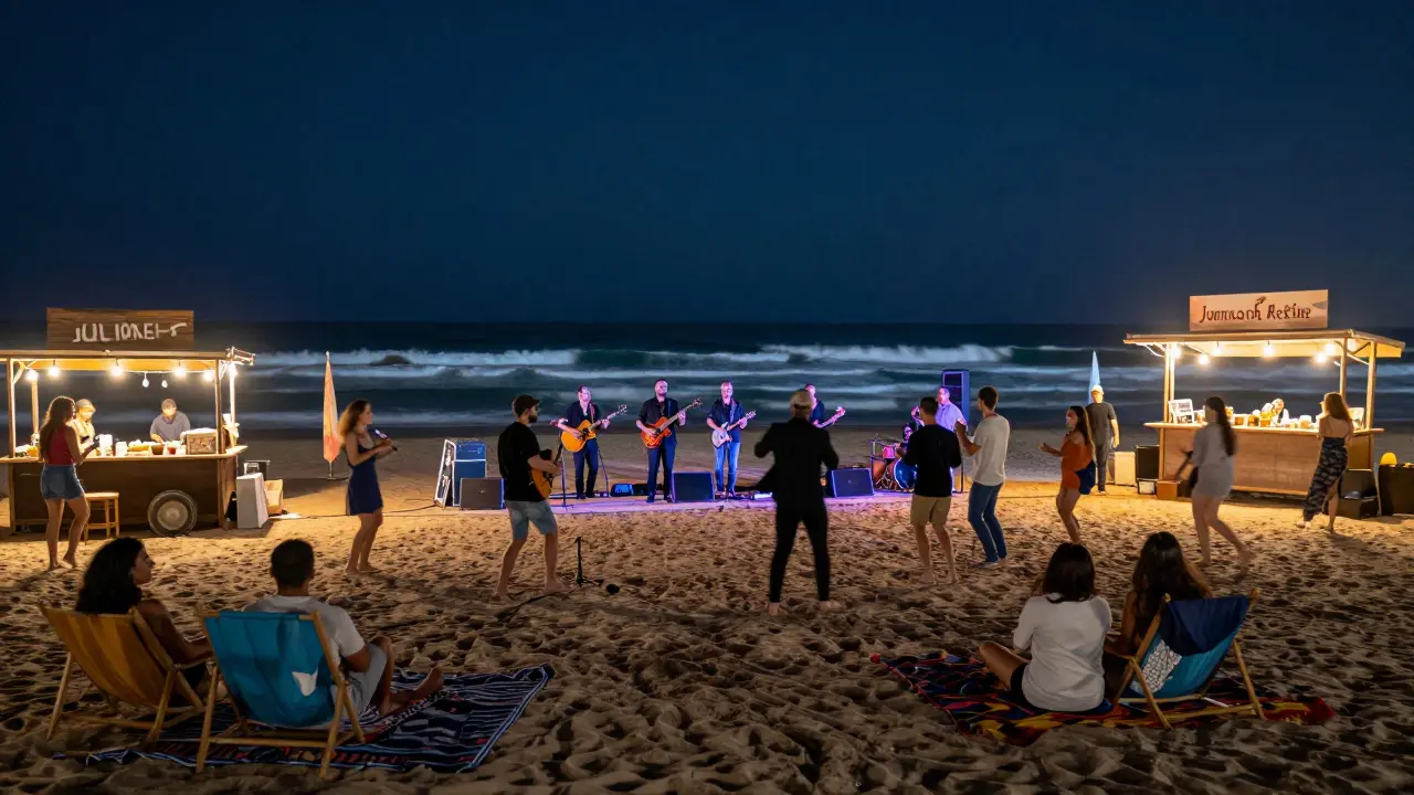 Crowds dance on the beach at night under a starry sky as a live band performs at an open-air concert with food trucks nearby.