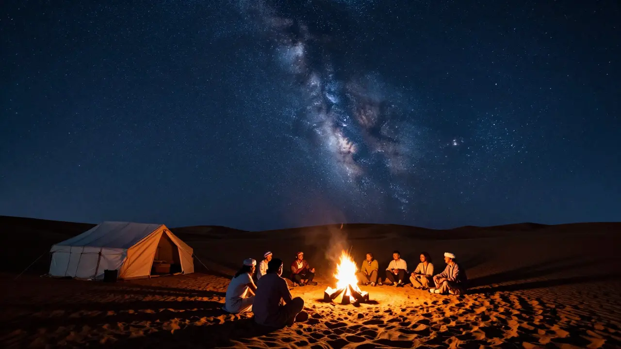 Desert safari campfire under starry sky with dunes and tent