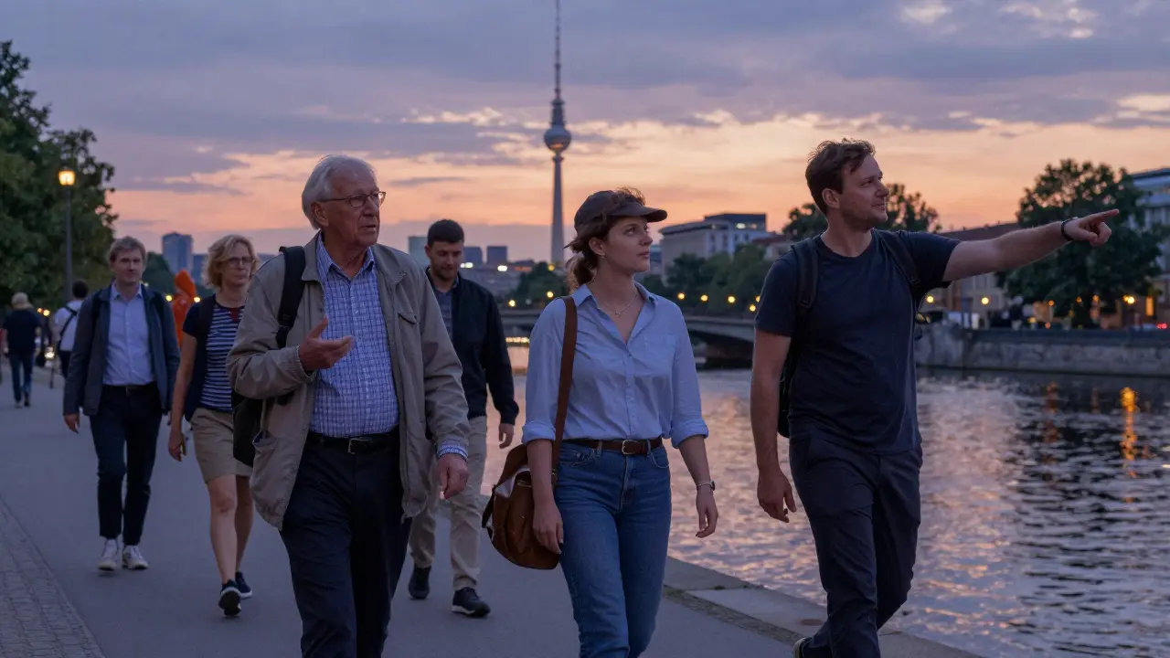 Diverse individuals walking along the Spree River with companions at dusk, surrounded by Berlin's skyline.