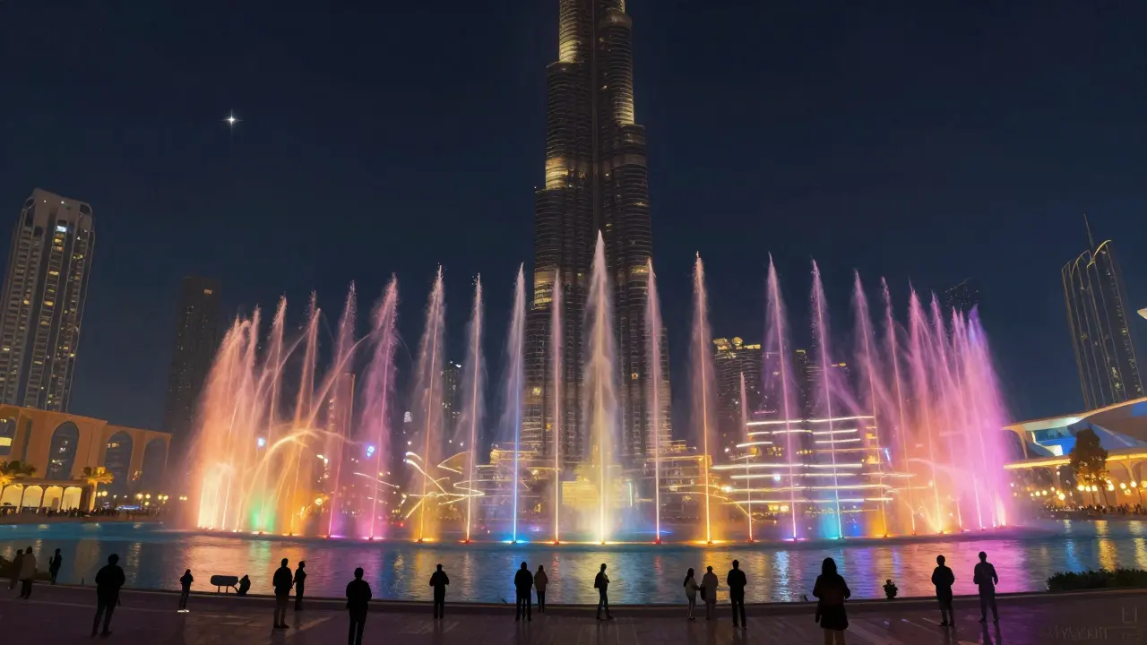 Dubai Fountain show with Burj Khalifa and colorful water jets