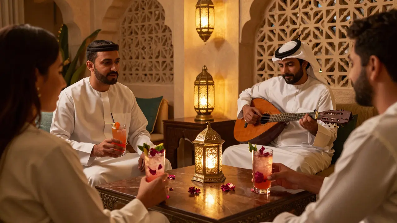Guests sipping mocktails in a serene Middle Eastern lounge with live oud music and lantern lighting.