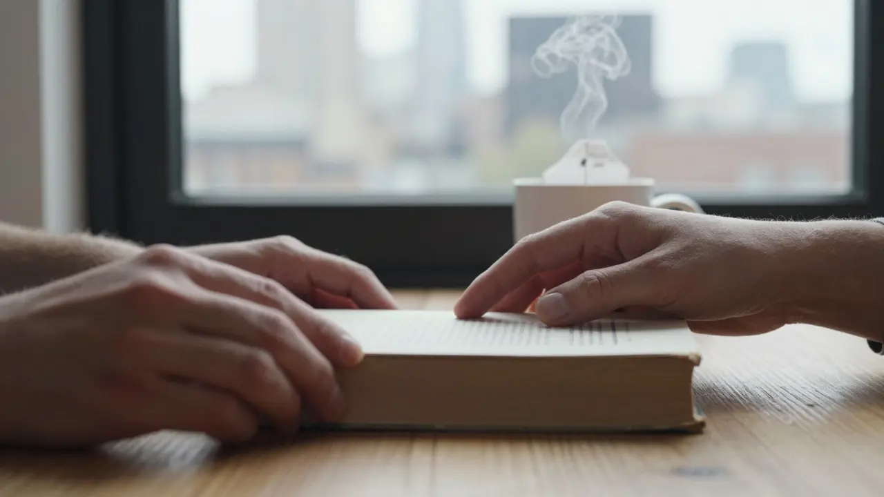 Hands placing a book on a table beside a steaming mug, with a blurred London skyline visible through the window.