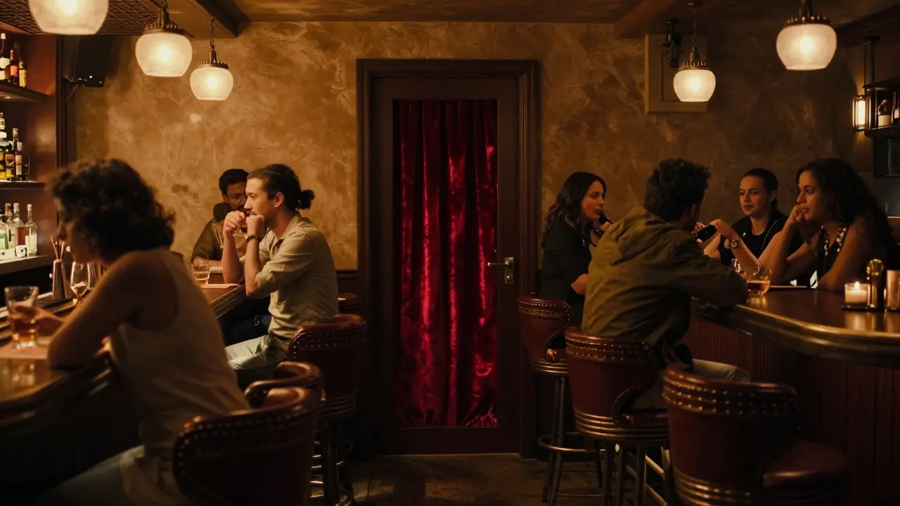 Hidden speakeasy interior with dim lighting, patrons sipping whiskey in quiet conversation.