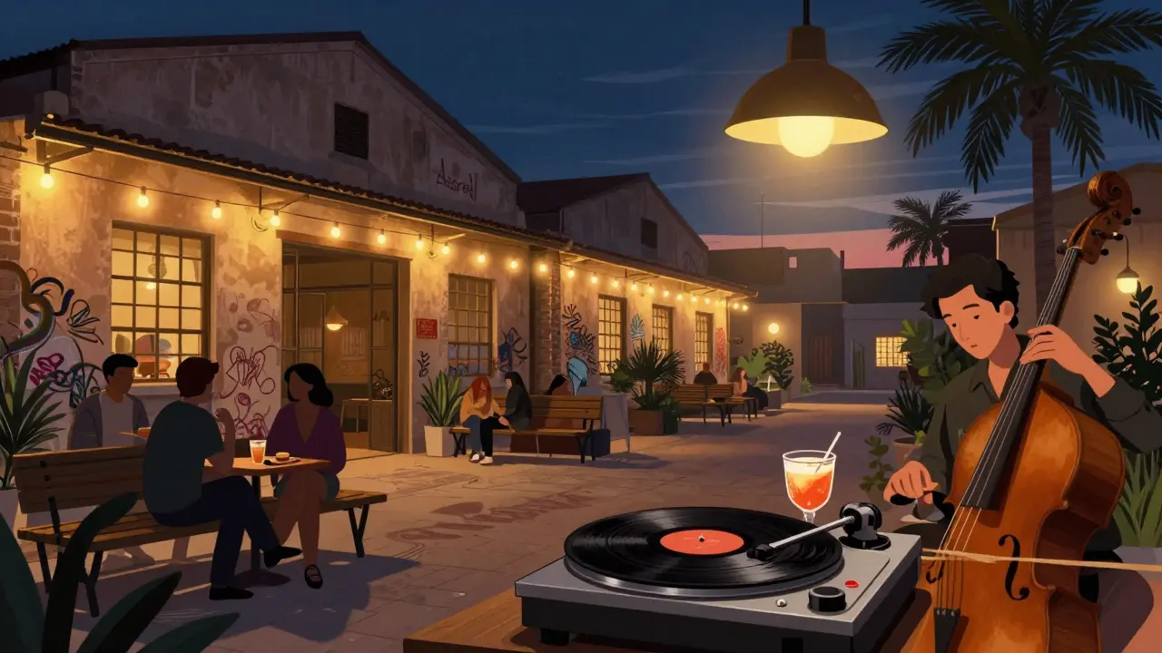 Locals relaxing at Alserkal Avenue in the evening, listening to live jazz under string lights and industrial architecture.