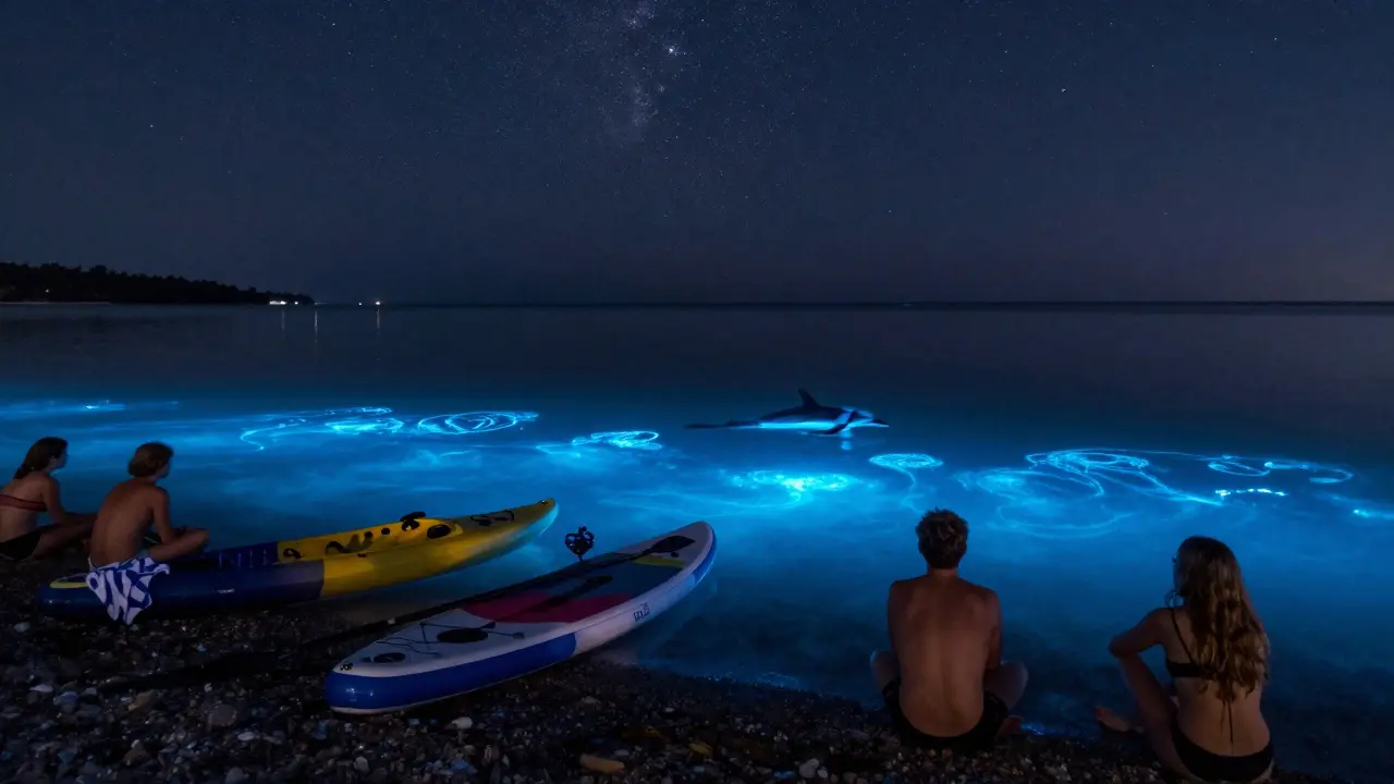 Midnight swimmers on glowing paddleboards in bioluminescent water under a starry sky at Larvotto Beach.